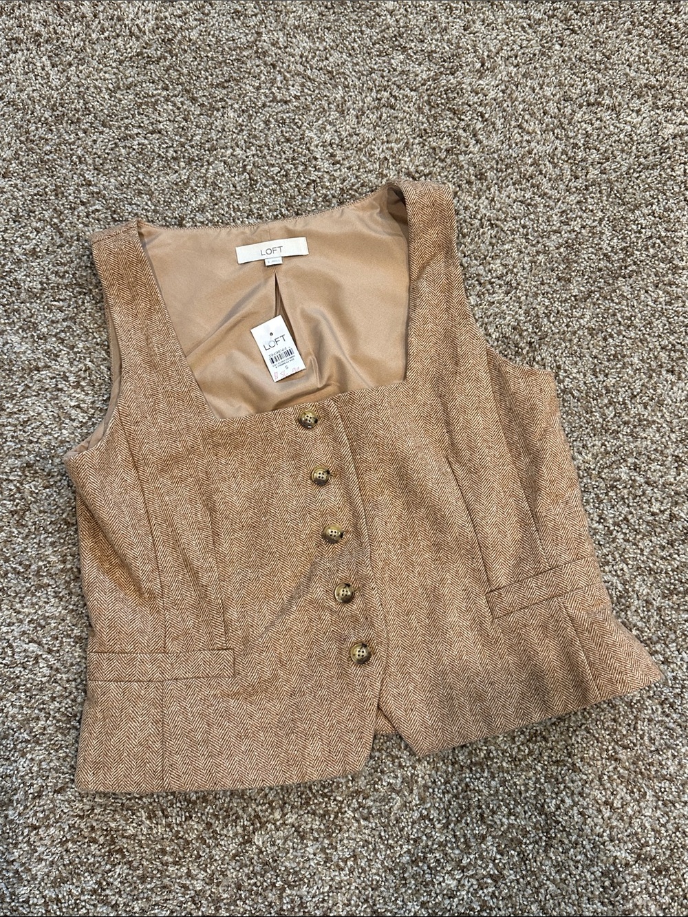 LOFT Camel Tan Tweed Button-Front Vest